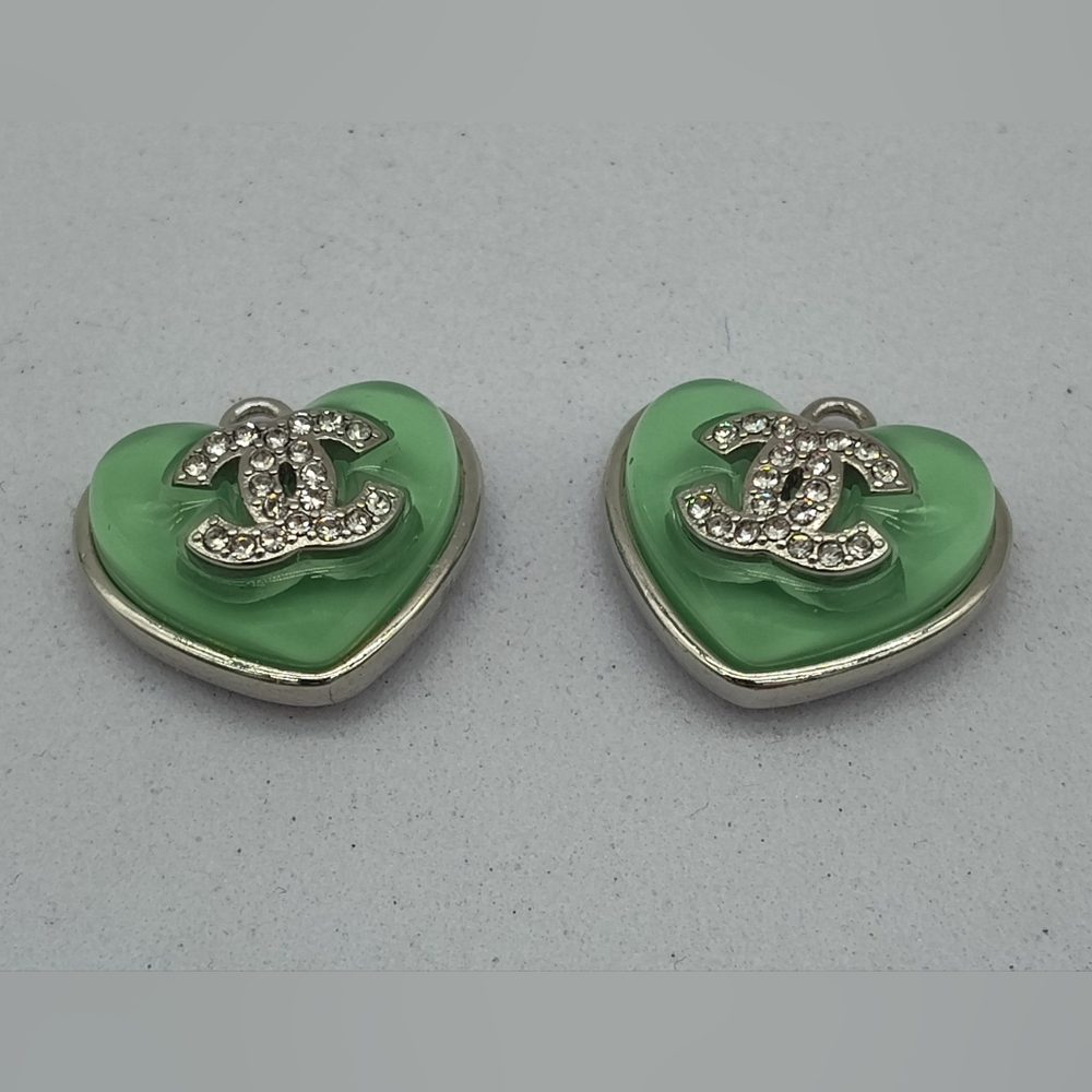 CHANEL 22C Cruise Green Resin Heart CC Charms Pair Silver Crystal Made France